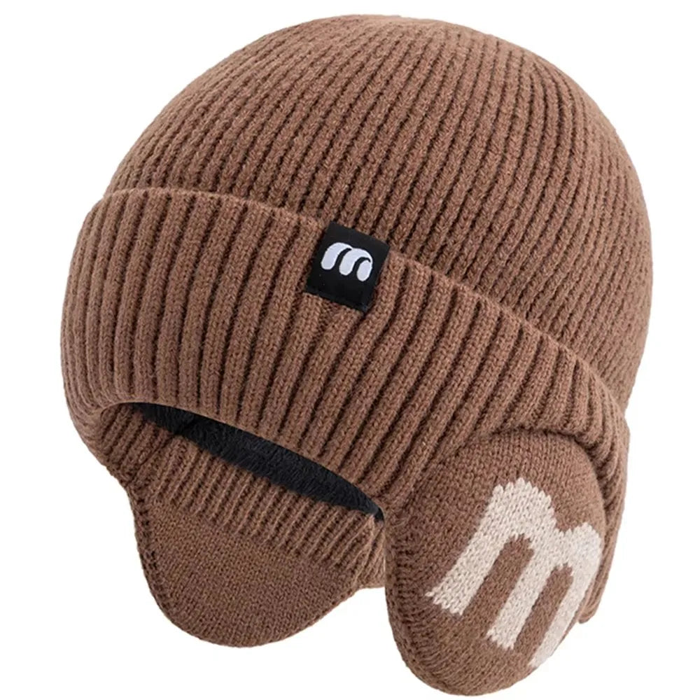 New Unisex Winter Hat Fashion M Letter Beanie Hats For Men & Women Warm Ski Knitted Hat Sports Earflap Cap