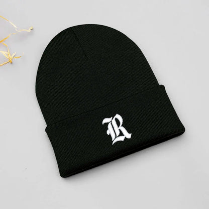 Old English Letter A-Z Embroidered Beanie Hat Unisex Winter Knit Caps for Men Women Soft Ski Hat