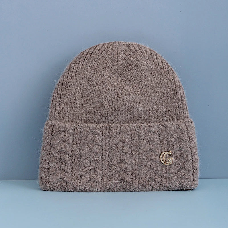 New Style Simple Chic Winter Hat G Letter Decor Rabbit Fur Beanie Elegant Winter Hats For Women Candy Colors Warm Knit Hats