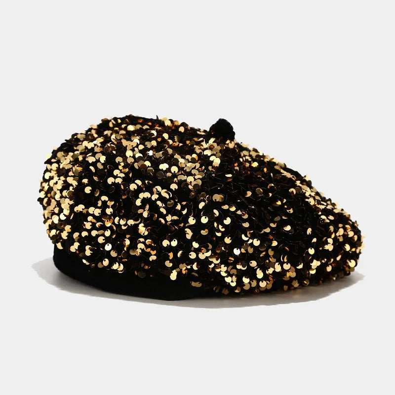 Ladies Girls Sequin Beret Women Elegant Octagonal Cap Personality Painter Pumpkin Hat for Festival Party Club Halloween