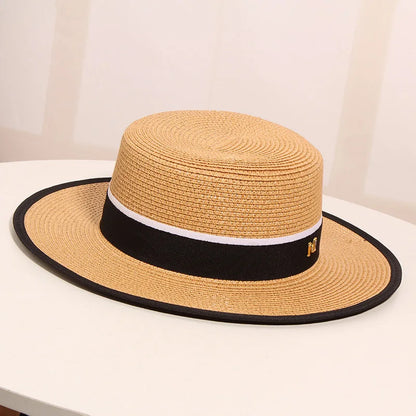 Women's Summer Outing on The Beach Sun Shading Sun Protection Straw Hat  Woven Flat Top British Top Hat