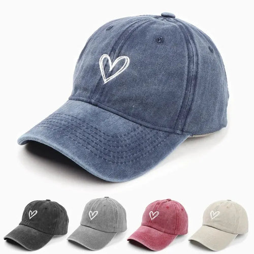 Unisex Washed Baseball Cap Peach Heart Embroidery Casual Soft Top Summer Hat