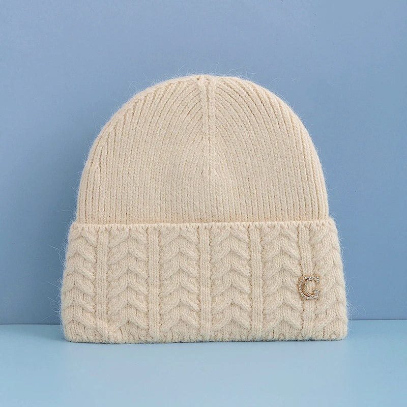 New Style Simple Chic Winter Hat G Letter Decor Rabbit Fur Beanie Elegant Winter Hats For Women Candy Colors Warm Knit Hats