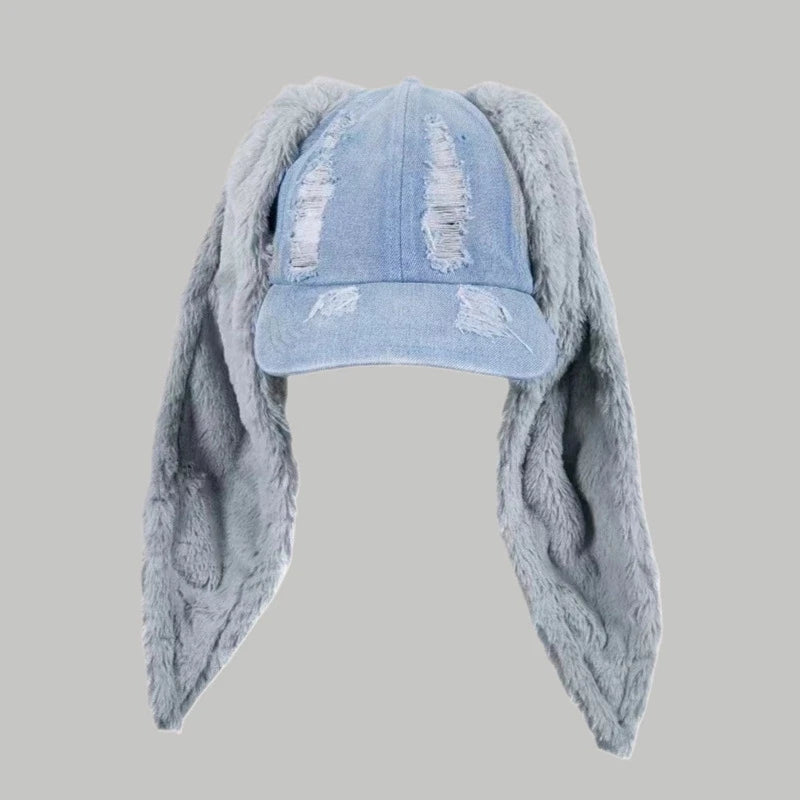 Dark Punk Rabbit Ears Peaked Hat Denim Hole Baseball Cap Women's Trendy Chain Hip-Hop Personalized Abby Style