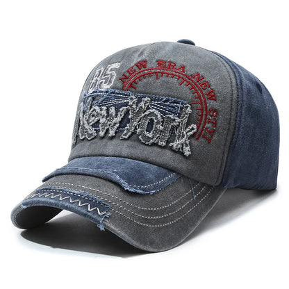New York Embroidered Washed Distressed Baseball Cap, Polyester, Adjustable Snap Closure, Breathable, Inelastic