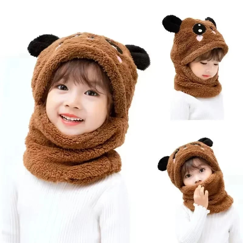 Fashionable Autumn and Winter Cute Childrens Cartoon Scarf Hat Two Piece Set Double Layer Wool Warm Boys and Girls Hat