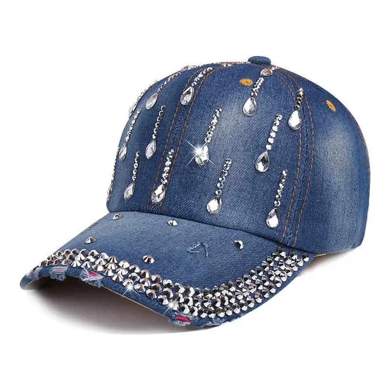 Denim Baseball Cap Women Rhinestone Droplets Cowboy Snapback Spring Summer Sunshade Sun Hat Lady Korean Casual Cap Blue