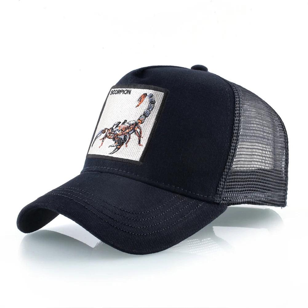 Unisex Black Baseball Cap With Animals Embroidery Patch For Men Women Fashion Snapback Hip Hop Trucker Hat Adjustable Breathable