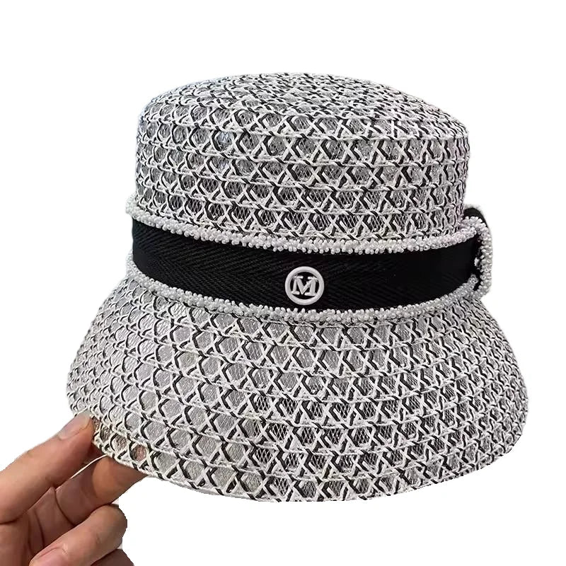 Women's Spring and Summer British Houndstooth Top Hats Seaside Sun Protection Beach Sun Hats Vacation Casual Top Hats