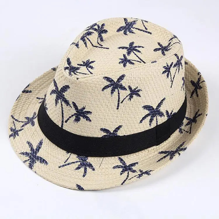 Sunshade Straw Hat Couple Breathable Mesh Beach Sun Hat Coconut Tree Pattern Men's and Women's Sunscreen Korean Jazz Gift Hat