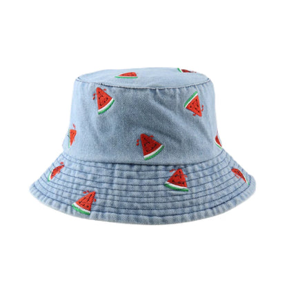 Spring Summer Strawberry Embroidery Denim  Bucket Hat Legent Fisherman Hats for Women Foldable Sport Sun Beach  Caps