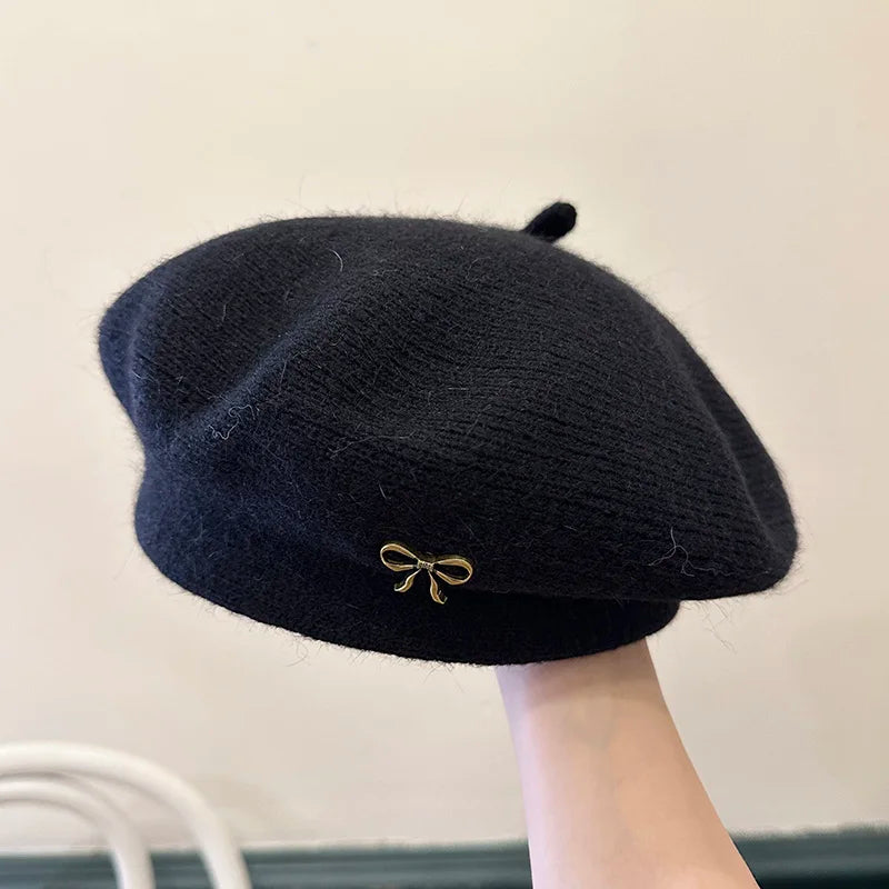 ‌Korean-Style Metal Bow Knitted Beret Women's Autumn/Winter Casual Street Painter's Hat Trendy Warm Beanie for Daily Outfit New