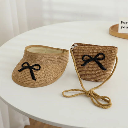 Summer Straw Hat And Shoulder Bag Set For Girls Baby Children Empty Top Sun Hat Large Brim Bowknot Outdoor Beach Visor Sun Cap