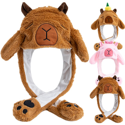 New Style Lovely Capybara Kapibala Ear Moving Up Cap Women Girls Cute Funny Hat Rabbits Ears Plush Winter Lovely Hat ﻿