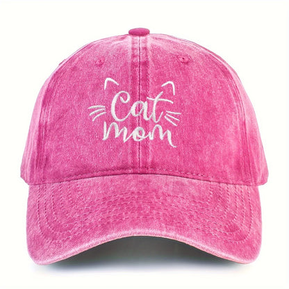 Ladies Embroidered Cat Mom Baseball Cap, Wash Cotton Adjustable Sunscreen Hat,Cartoon Theme, Birthday Gift, Outdoor Spire Caps