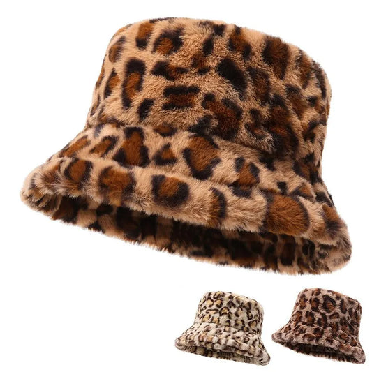 Women’s Leopard Print Plush Bucket Hat Warm Winter Fisherman Hat