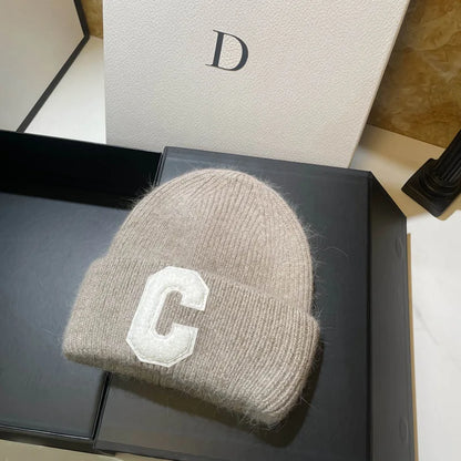 Unisex Fashion C Letter Desig Knitted Hat Winter Autumn Rabbit Fur Beanie Cap Brand Female Thicken Warm Skullies Caps bicycle