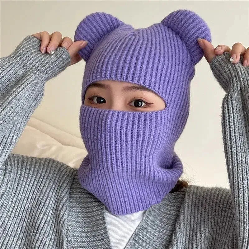 Warm Cycling Caps Winter Knitted Ski Scarf Hat Bear Ear Balaclava Hat Bonnets Beanie for Men Women Outdoor Sports Hooded