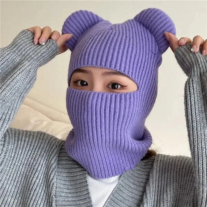 Warm Cycling Caps Winter Knitted Ski Scarf Hat Bear Ear Balaclava Hat Bonnets Beanie for Men Women Outdoor Sports Hooded