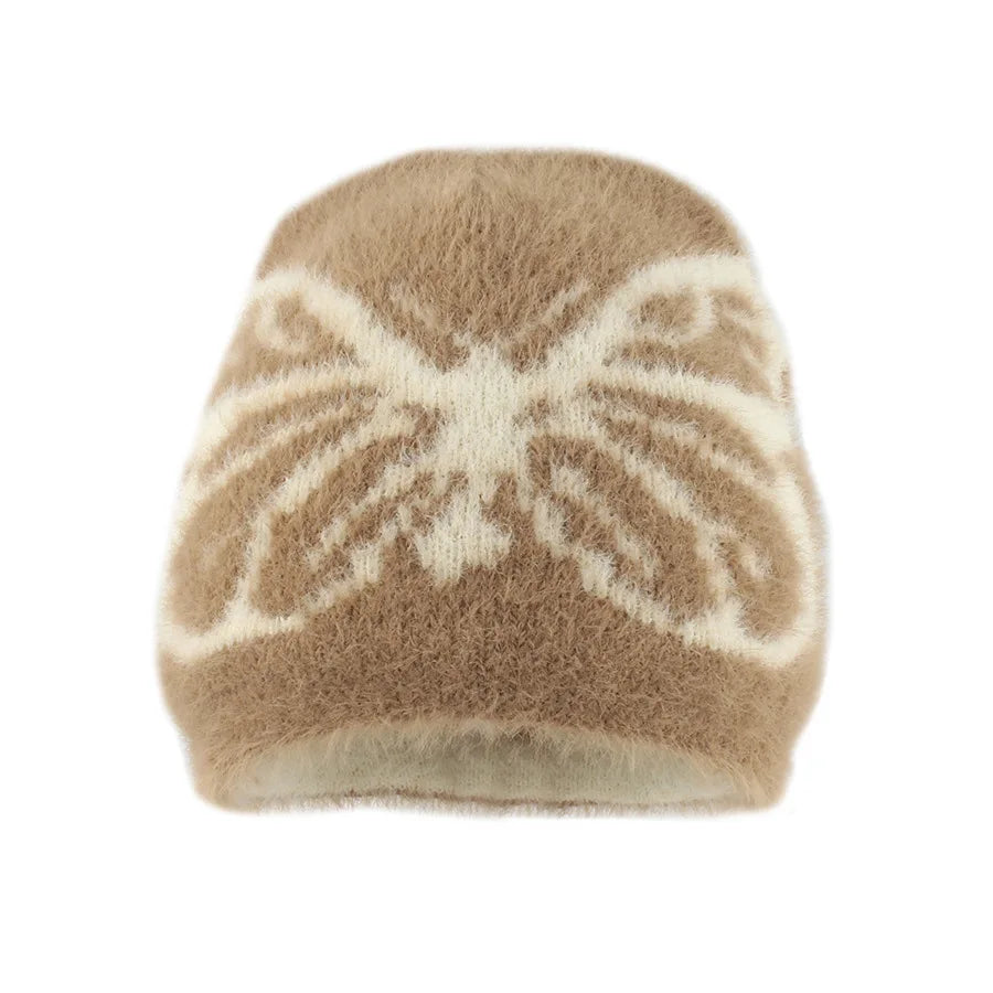 2024 Autumn and Winter New Mink Hair Knitted Hat Female Butterfly Jacquard Thickened Warm Plush Pullover Hat Versatile