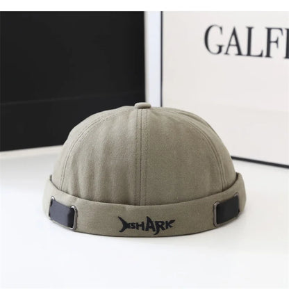 Unisex Vintage Docker Cap – Shark Embroidery Brimless Cotton Beanie Adjustable Dome Sun Hat
