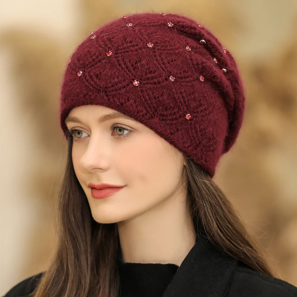New Women Winter Hat Streetwear Rabbit Fur Blend Warm Cap Fashion Decorate Beanie Hat For Female Casual Knitted Hat