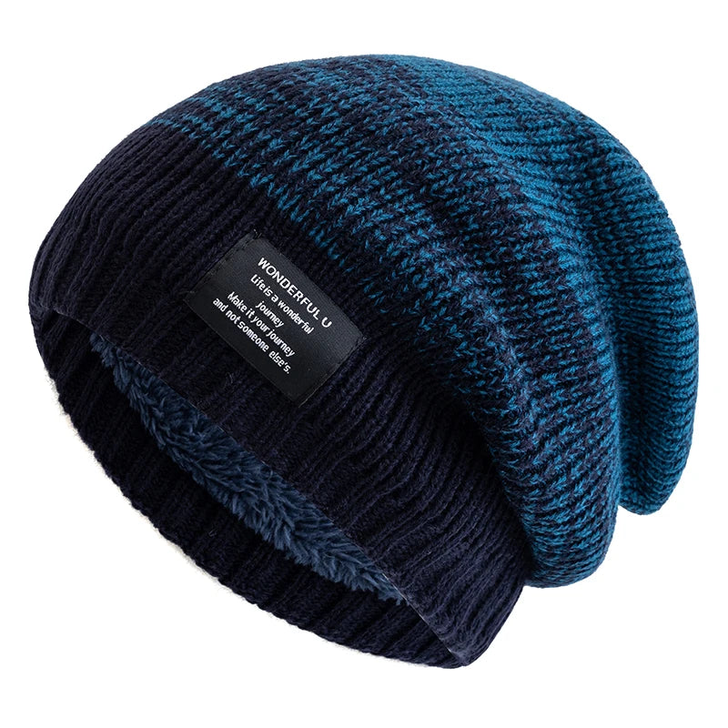 Hot Sale Women Slouchy Winter Hats Plush Fur Lined Beanie Cap Female Winter Mixing Color Label Decor Knitted Hats
