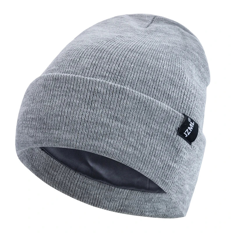 New Style JZML Letter Plush Satin Lined Anti-Static Beanie Hat Autumn&Winter Hats For Men And Women Outdoor Knitted Hats
