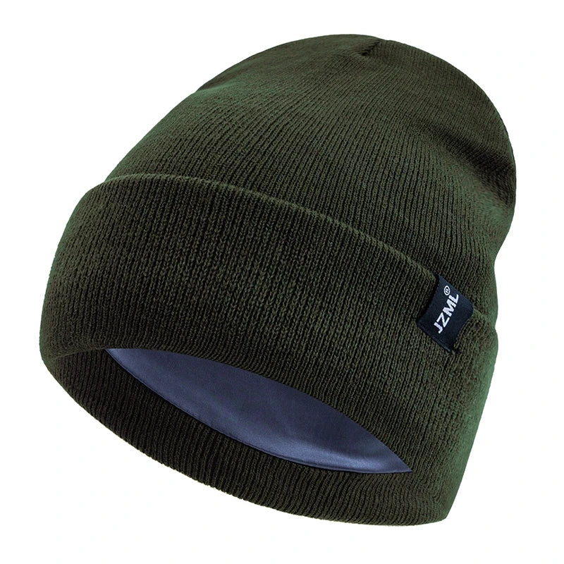 New Style JZML Letter Plush Satin Lined Anti-Static Beanie Hat Autumn&Winter Hats For Men And Women Outdoor Knitted Hats