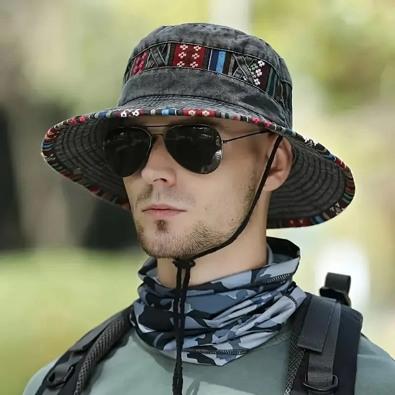 Retro Cotton Versatile Colorful Brim Bucket Hat, Sporty Adjustable UV Protection Sun Hat, With Chin Strap For Men Women