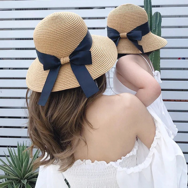 New Summer Parent-Child Straw Cap Women Flower Wreath Bowknot Bucket Hat Girls Outdoor Beach Travel Sunshade Sun Caps