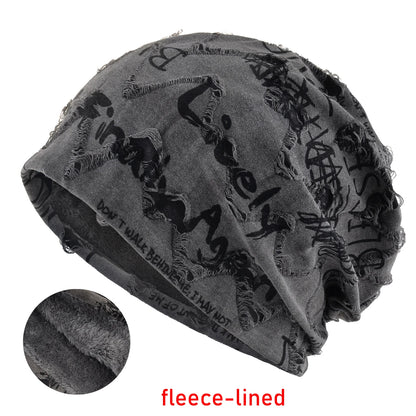 Letter Print Beanie Hat For Women Men Vintage Distressed Cracked Design Wasteland Style Warm Fleece-lined Skullis Beanie Winter