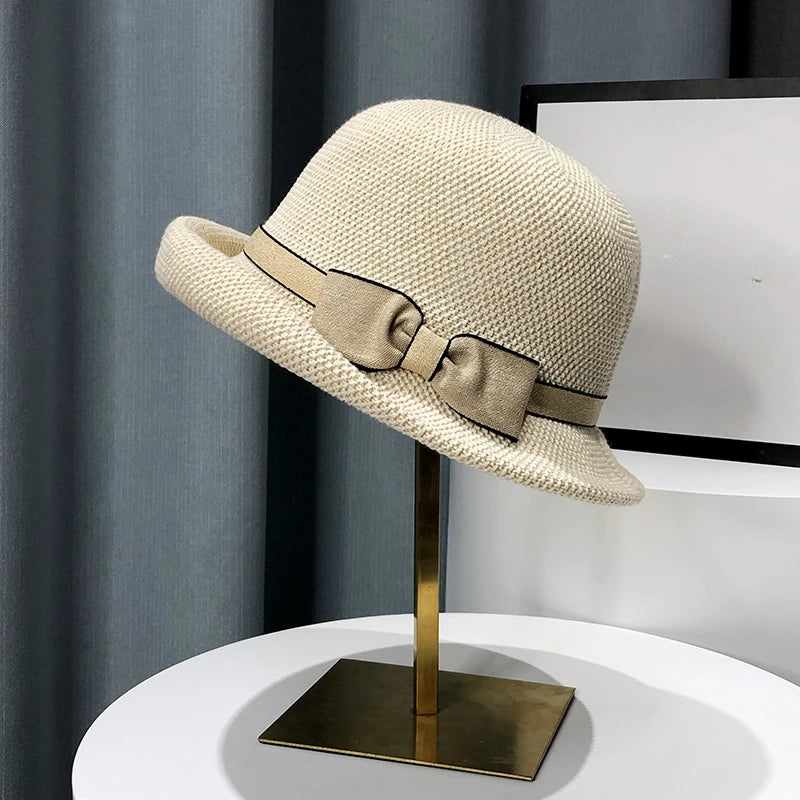 Bow Curling Hat Female Summer Sunshade Fisherman Hat Japanese Travel Breathable Sun Bucket Hat Grace Wedding Party Hat For Women