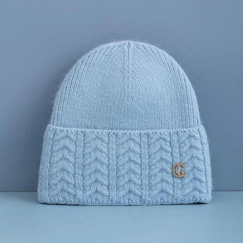 New Style Simple Chic Winter Hat G Letter Decor Rabbit Fur Beanie Elegant Winter Hats For Women Candy Colors Warm Knit Hats