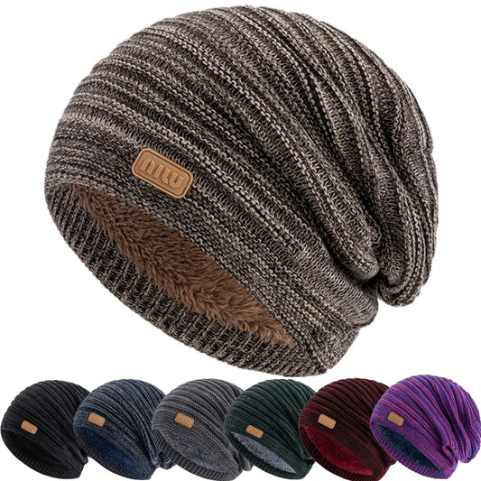New Style Unisex Slouchy Winter Hats Men Women Striped Mix Warm Beanie Cap NIU Label Decor Plush Fur Lined Winter Knitted Hat