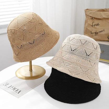 Women's Summer Hat Korean style Hollow Knitted Bucket Hat Casual Sunshade Fisherman Cap Sun Hat Female Sun Cap