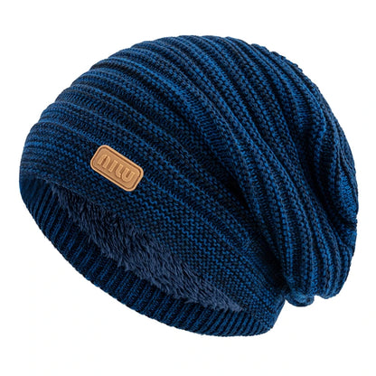 New Style Unisex Slouchy Winter Hats Men Women Striped Mix Warm Beanie Cap NIU Label Decor Plush Fur Lined Winter Knitted Hat