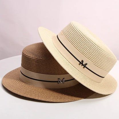 Straw hat women's summer flat top small top hat beach vacation hat straw woven hat sun hat