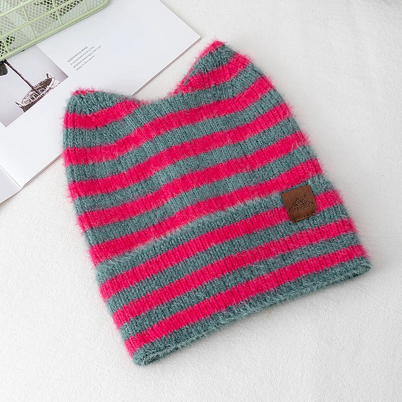 New Style Lovely Hat Cat Ear Beanie Cap Winter Hats For Women Y2K All Stripes Fashion Outdoor Warm Hat Beanie Warm Cap For Girl