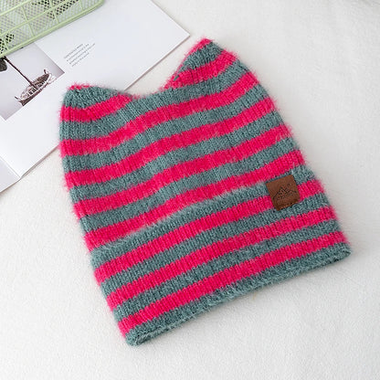 New Style Lovely Hat Cat Ear Beanie Cap Winter Hats For Women Y2K All Stripes Fashion Outdoor Warm Hat Beanie Warm Cap For Girl