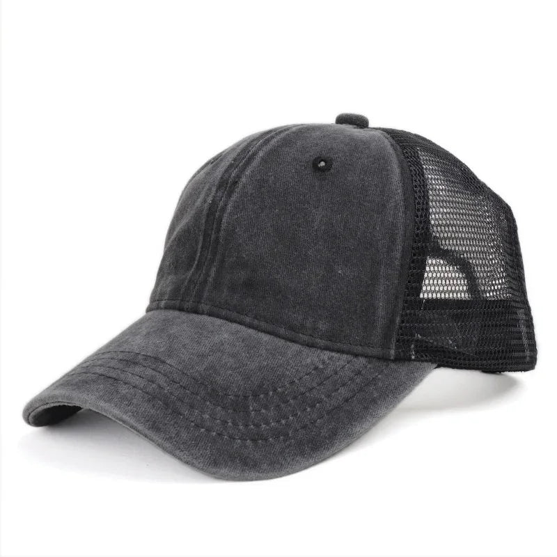 Unisex Washed Cotton Baseball Cap – Vintage Solid Color Adjustable Mesh Trucker Streetwear Summer Outdoor Hat