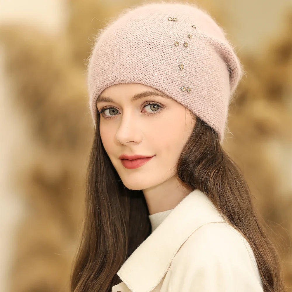 New Women Winter Hat Fashion Decorate Beanie Hat Rabbit Fur Blend Warm Winter Cap For Female Casual Streetwear Knitted Hat