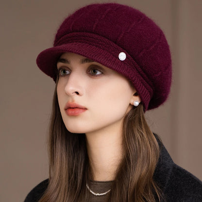 New Women Fashion Winter Hat With Brim Plush Fur Lined Chic Hats For Women Casual Rabbit Fur Blend Streetwear Knitted Cap