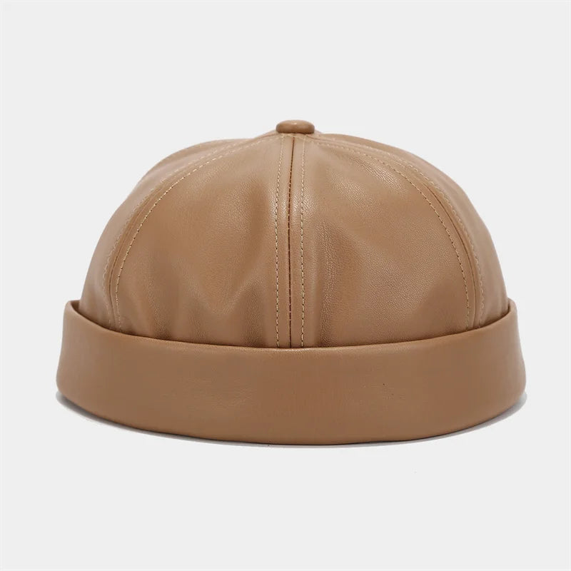 Unisex PU Leather Brimless Docker Cap – Retro Solid Color Hip Hop Melon Hat