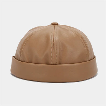 Unisex PU Leather Brimless Docker Cap – Retro Solid Color Hip Hop Melon Hat