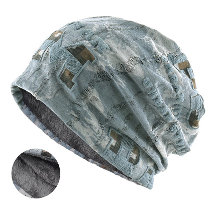 Letter Print Beanie Hat For Women Men Vintage Distressed Cracked Design Wasteland Style Warm Fleece-lined Skullis Beanie Winter