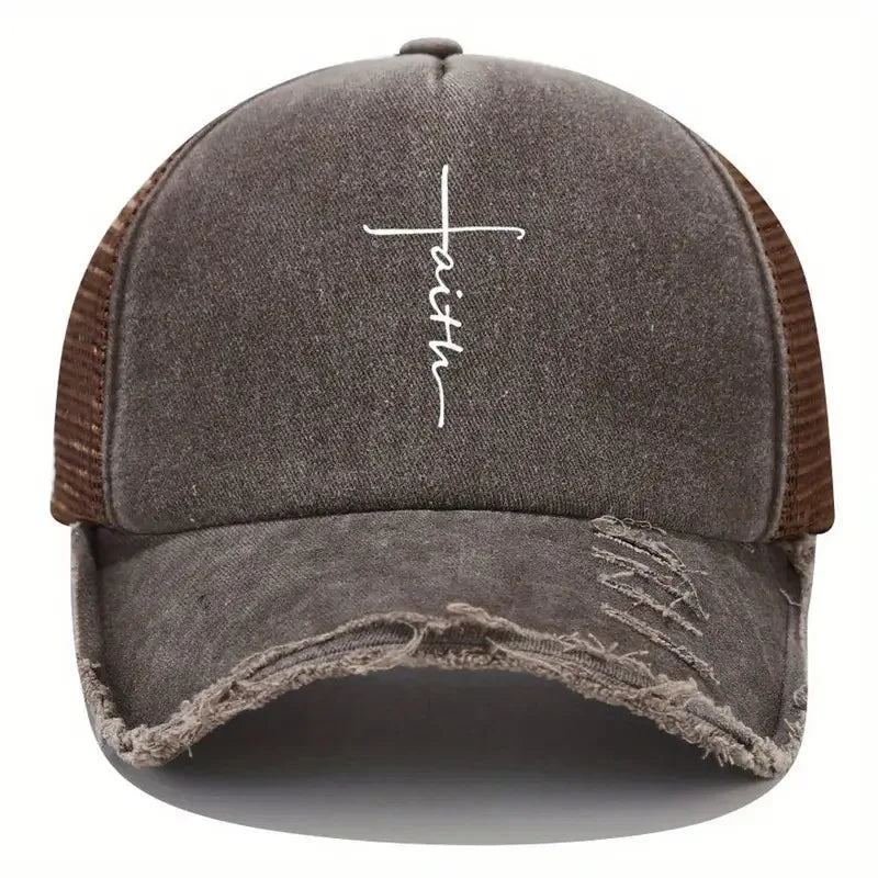 Sponge Washed Cotton Faith Print Baseball Cap Women Men Summer Mesh Breathable Trucker Duckbill Hat For Outdoor Tourism Leisur