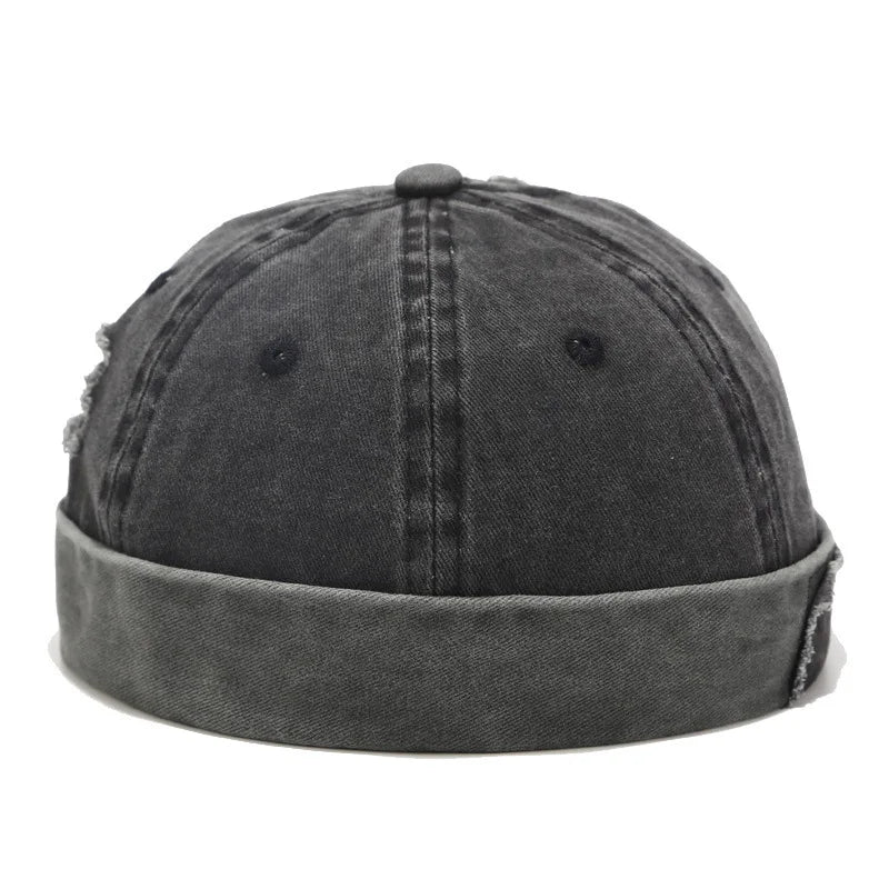 Retro Patch Hole Dome Melon Hat Washed Denim Cotton Brimless Beanie Cap Unisex Docker Sailor Biker Cap Casual Skull Loop Beanie