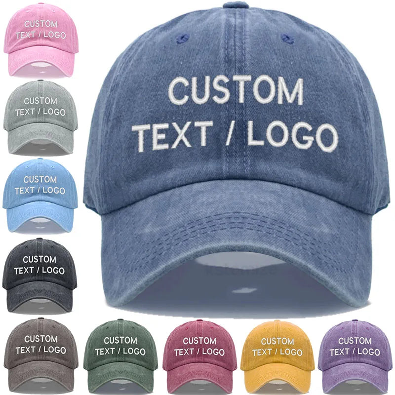 Custom Text Logo Embroidery Vintage Washed Cotton Baseball Cap Fashion Women Men Hat Sport Visors Snapback Cap Sun Hat