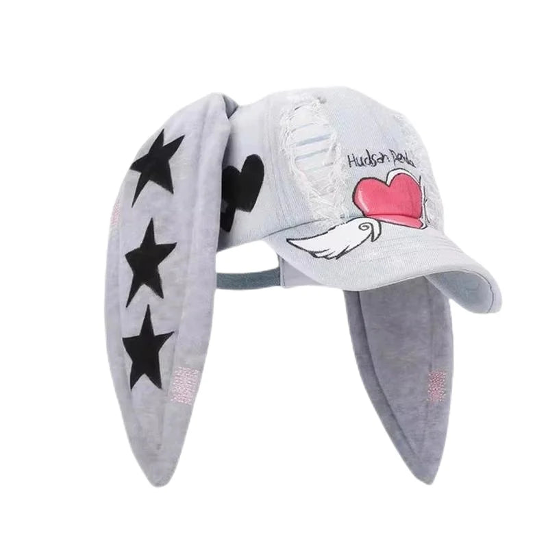 Korean Fashion Baseball Cap For Punk Ripped Retro Denim Jeans Graffiti Cool Long Rabbit Ear Street Hip Hop Sun Hats Visors